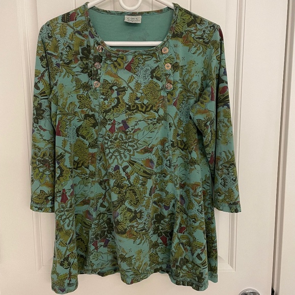 Color Me Cotton 3/4 Sleeve green Print Swing Top with Button Detail, Size M - Picture 1 of 9